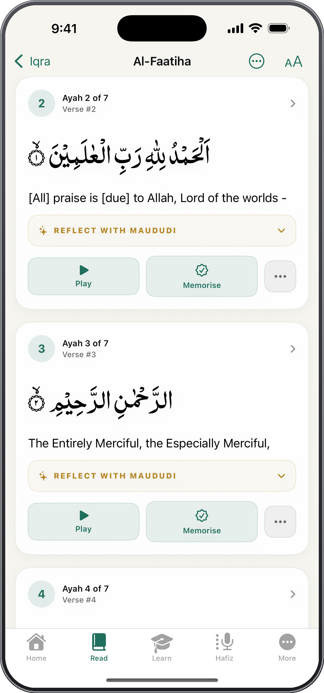 Iqra app on iPhone — reading Surah Al-Fatihah with tafsīr, play and memorise